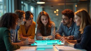 A diverse team discusses compliance steps around a table, sharing insights and reviewing documents and devices in a modern, well-lit office.