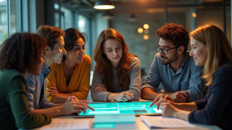 A diverse team discusses compliance steps around a table, sharing insights and reviewing documents and devices in a modern, well-lit office.