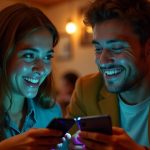 Two friends at a café laughing over messages on their smartphones, illuminated by colorful phone light, highlighting everyday texting moments.