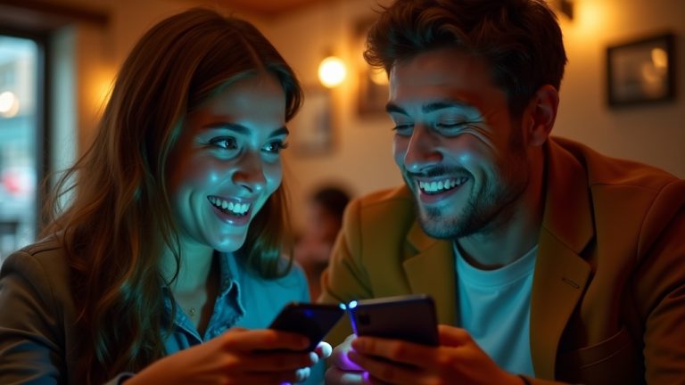 Two friends at a café laughing over messages on their smartphones, illuminated by colorful phone light, highlighting everyday texting moments.