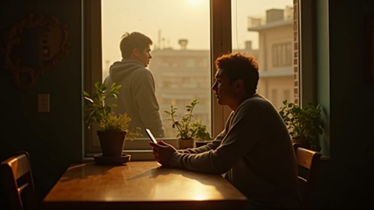 A person in their 20s or 30s sits at a wooden dining table in morning sunlight, holding a smartphone with a thoughtful expression, reflected faintly in a large window with a blurred figure in the background.
