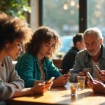 People in a lively café using smartphones, showing varied reactions to messaging apps as shifting light and busy surroundings highlight user experiences.