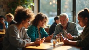 People in a lively café using smartphones, showing varied reactions to messaging apps as shifting light and busy surroundings highlight user experiences.