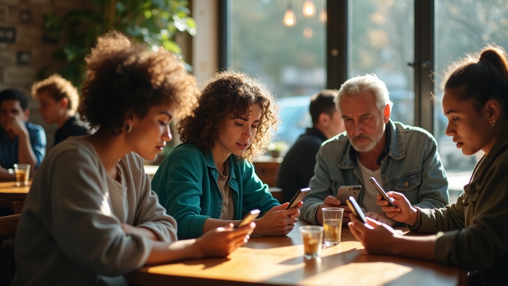 People in a lively café using smartphones, showing varied reactions to messaging apps as shifting light and busy surroundings highlight user experiences.