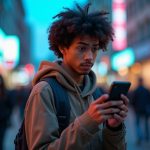 A young adult with a puzzled look checks a smartphone on a busy city street at dusk, surrounded by blurred lights and the movement of passersby.