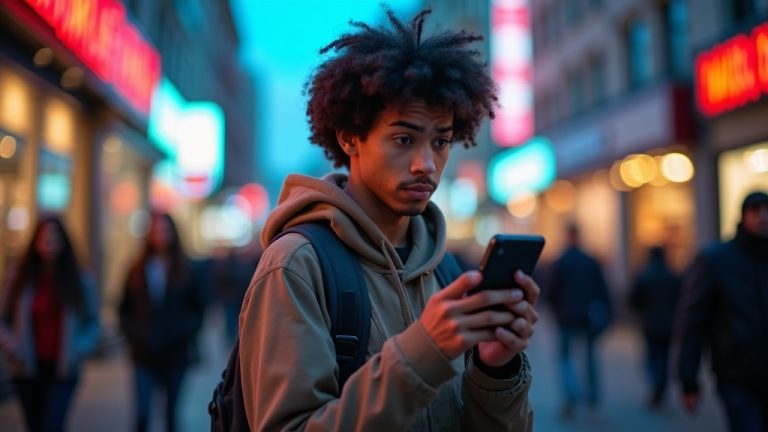 A young adult with a puzzled look checks a smartphone on a busy city street at dusk, surrounded by blurred lights and the movement of passersby.