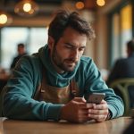 Professional focused on a smartphone in a café, symbolizing attentive and private business communication in a lively setting.