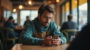 Professional focused on a smartphone in a café, symbolizing attentive and private business communication in a lively setting.