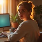 A thoughtful person turns at a sunlit desk with a digital screen glowing in the background, reflecting on message privacy concerns.