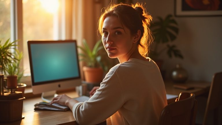 A thoughtful person turns at a sunlit desk with a digital screen glowing in the background, reflecting on message privacy concerns.