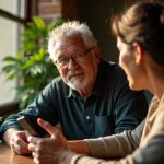 A person in a sunlit café closely studies their smartphone, poised to schedule a message, with teal reflections illuminating their focused expression.