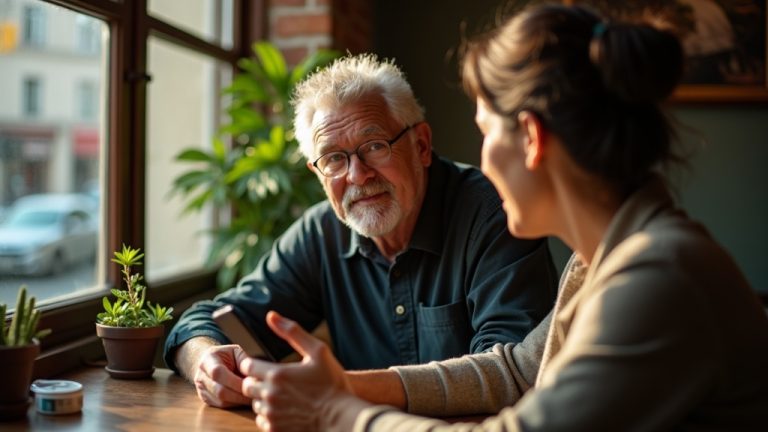 A person in a sunlit café closely studies their smartphone, poised to schedule a message, with teal reflections illuminating their focused expression.