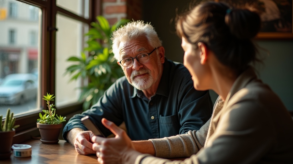 A person in a sunlit café closely studies their smartphone, poised to schedule a message, with teal reflections illuminating their focused expression.