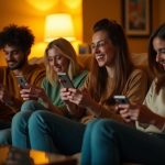 Friends in a cozy living room engaging with smartphones, reacting to a lively group message in a relaxed, warm setting.