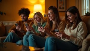 Friends in a cozy living room engaging with smartphones, reacting to a lively group message in a relaxed, warm setting.