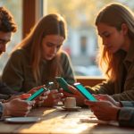 A diverse group in a cozy café intently uses messaging apps on smartphones, their expressions reflecting thoughtful comparison during golden hour light.