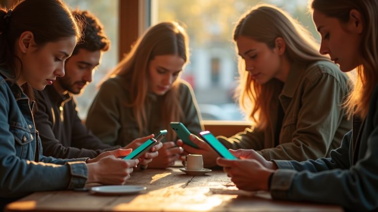 A diverse group in a cozy café intently uses messaging apps on smartphones, their expressions reflecting thoughtful comparison during golden hour light.