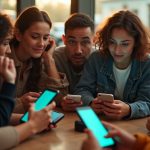 A diverse group of people at a modern café table, each texting on their phones with mixed expressions, sunlight and phone glow highlighting the scene.
