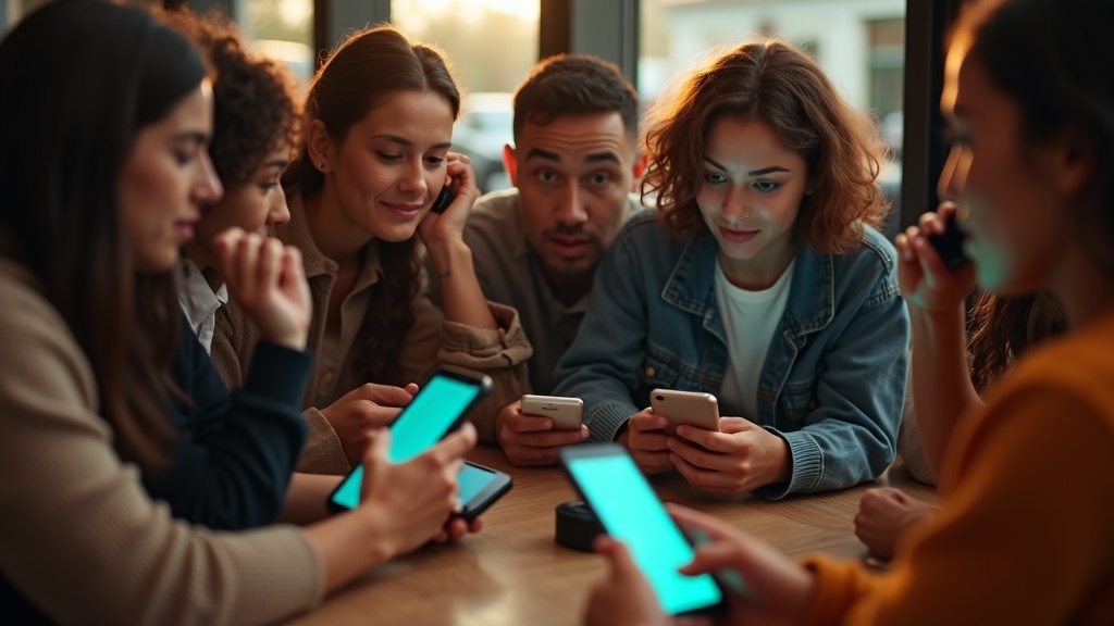 A diverse group of people at a modern café table, each texting on their phones with mixed expressions, sunlight and phone glow highlighting the scene.