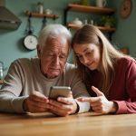 An older adult and a younger person sit together at a kitchen table, closely engaged as the younger person gently explains smartphone texting features to the senior.