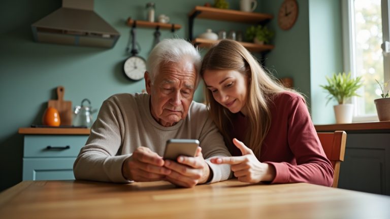 An older adult and a younger person sit together at a kitchen table, closely engaged as the younger person gently explains smartphone texting features to the senior.