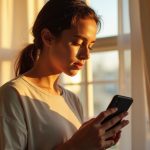 Young adult by a window thoughtfully looking at a smartphone, sunlight highlighting their face and the phone, illustrating concern for message privacy.