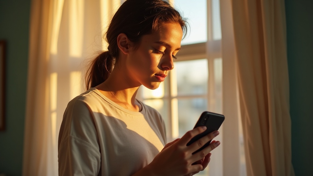 Young adult by a window thoughtfully looking at a smartphone, sunlight highlighting their face and the phone, illustrating concern for message privacy.