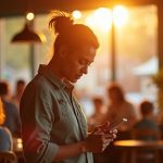 Small business owner in a warm café thoughtfully checking their phone, illustrating careful consideration of business texting rules.
