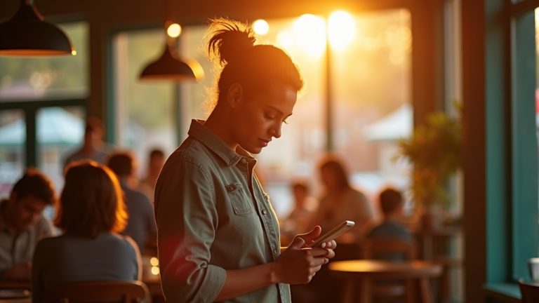 Small business owner in a warm café thoughtfully checking their phone, illustrating careful consideration of business texting rules.