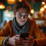 A young adult in a lively café focuses with slight concern on their smartphone, illustrating concern over receiving unwanted text messages.
