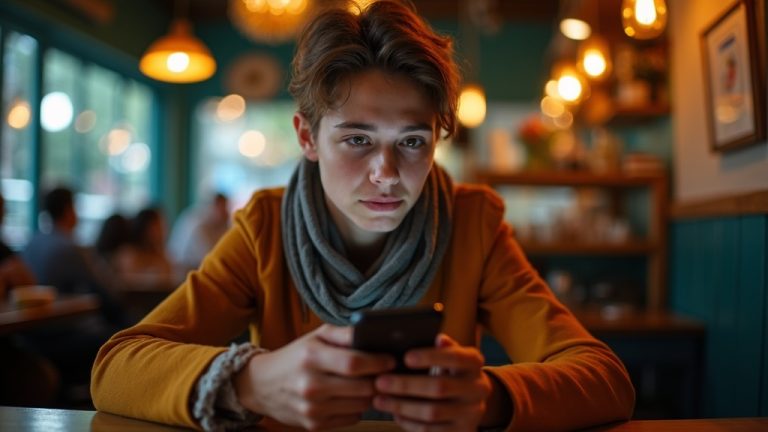 A young adult in a lively café focuses with slight concern on their smartphone, illustrating concern over receiving unwanted text messages.