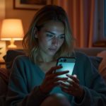 A person in a warmly lit room examines their phone with curiosity, the screen sharply in focus while their thoughtful expression is softly blurred, reflecting uncertainty about message delivery status.