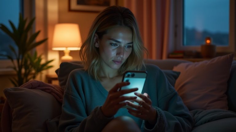 A person in a warmly lit room examines their phone with curiosity, the screen sharply in focus while their thoughtful expression is softly blurred, reflecting uncertainty about message delivery status.