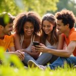 A group of friends in a sunlit park sharing a lively moment on the grass, engaged around a smartphone, highlighting real-world offline social connection.