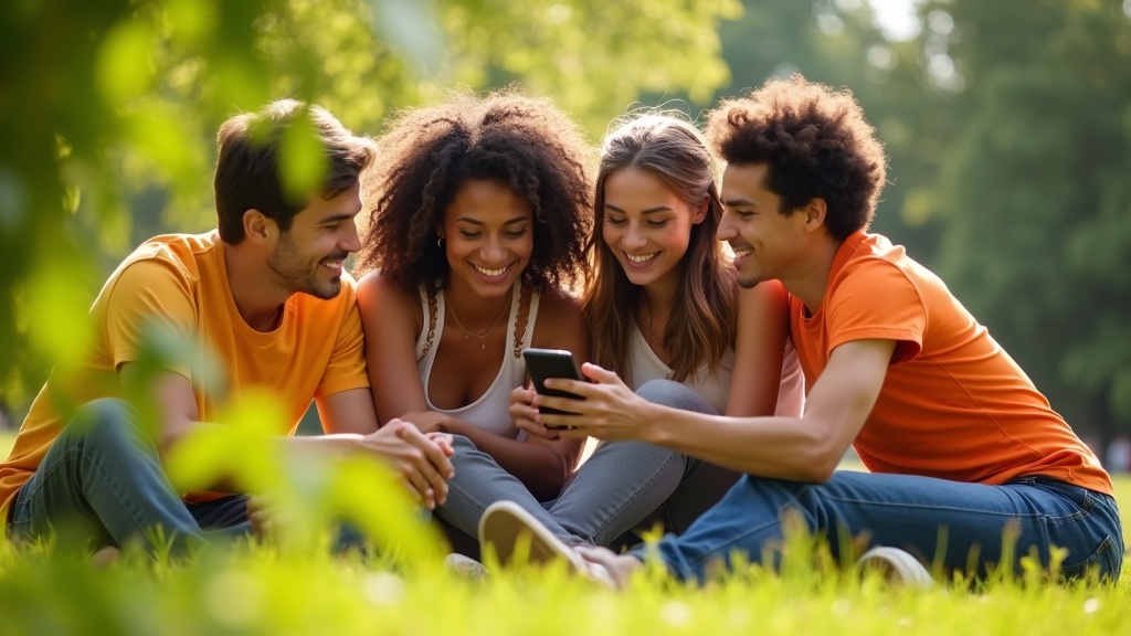A group of friends in a sunlit park sharing a lively moment on the grass, engaged around a smartphone, highlighting real-world offline social connection.