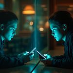 Two people in a dimly-lit café separated by a glowing glass panel, exchanging text messages with contrasting emotions and reflections highlighting the complexities of international texting.