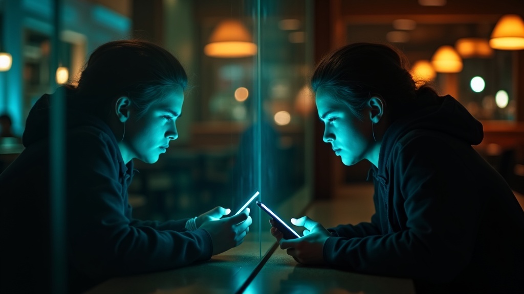 Two people in a dimly-lit café separated by a glowing glass panel, exchanging text messages with contrasting emotions and reflections highlighting the complexities of international texting.