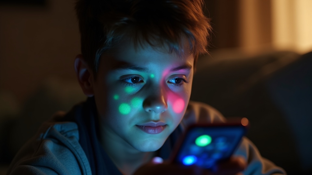 A young person in soft natural light studies their smartphone as blue and green message bubbles reflect on their thoughtful face.