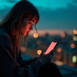A young adult on a rooftop at twilight, thoughtfully looking at their glowing phone with city lights softly blurred in the background.