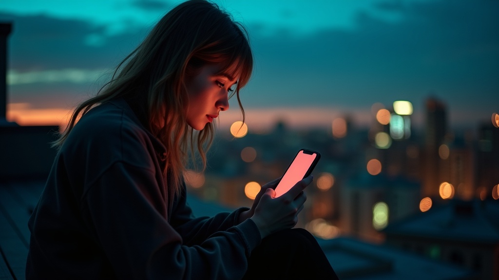 A young adult on a rooftop at twilight, thoughtfully looking at their glowing phone with city lights softly blurred in the background.