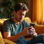 Person in a colorful living room concentrating on their smartphone while troubleshooting a text message issue, with sunlight illuminating the cozy surroundings.
