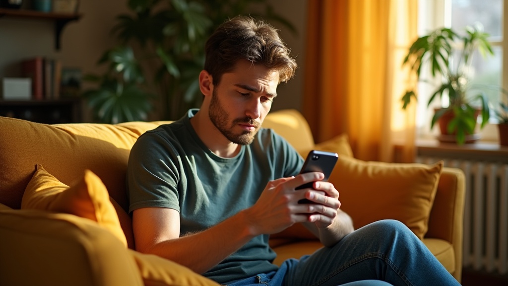 Person in a colorful living room concentrating on their smartphone while troubleshooting a text message issue, with sunlight illuminating the cozy surroundings.