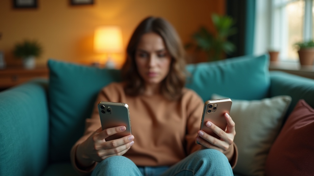 A person seated on a teal couch, looking concerned while handling multiple smartphones, highlighting the confusion of managing texts during a phone number change.