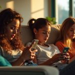 A diverse group of people in a sunlit living room interact with their phones, each connected by colorful light beams symbolizing mobile group messaging.