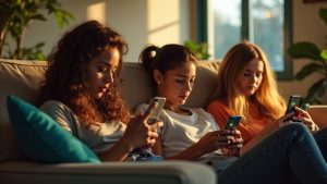 A diverse group of people in a sunlit living room interact with their phones, each connected by colorful light beams symbolizing mobile group messaging.