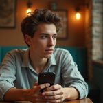 A young adult in a cozy café pauses with their smartphone, thoughtfully considering how to handle unread messages in a softly lit, relaxed setting.