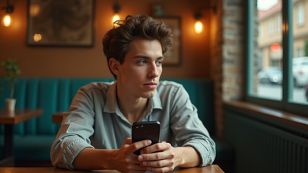 A young adult in a cozy café pauses with their smartphone, thoughtfully considering how to handle unread messages in a softly lit, relaxed setting.