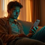 A person sits on a sunlit couch, holding a glowing phone and studying the screen with a puzzled expression, illustrating confusion over message status notifications.