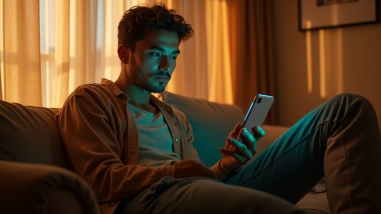 A person sits on a sunlit couch, holding a glowing phone and studying the screen with a puzzled expression, illustrating confusion over message status notifications.