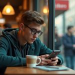 A young adult focused on their smartphone at a busy urban cafe, partially secluded amid the crowd with soft afternoon lighting highlighting the scene.
